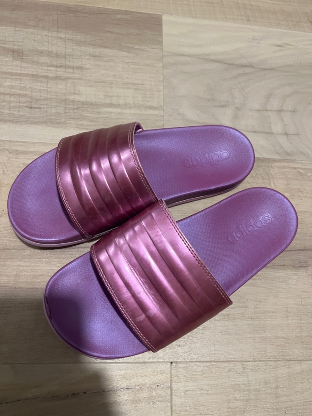 adidas Metallic Rose-Pink Slide Sandals cloud slides